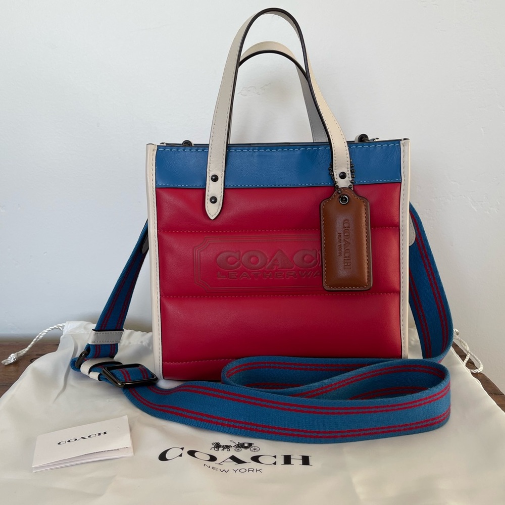 Coach Field Tote 22 Colorblock Quilted Red White Navy & Blue handbag crossbody